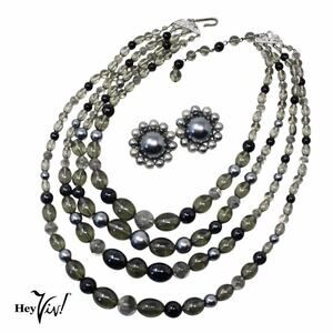 Vintage 4 Strand Silver Grey Bead Necklace ClipOn Earring Set Original Box Japan